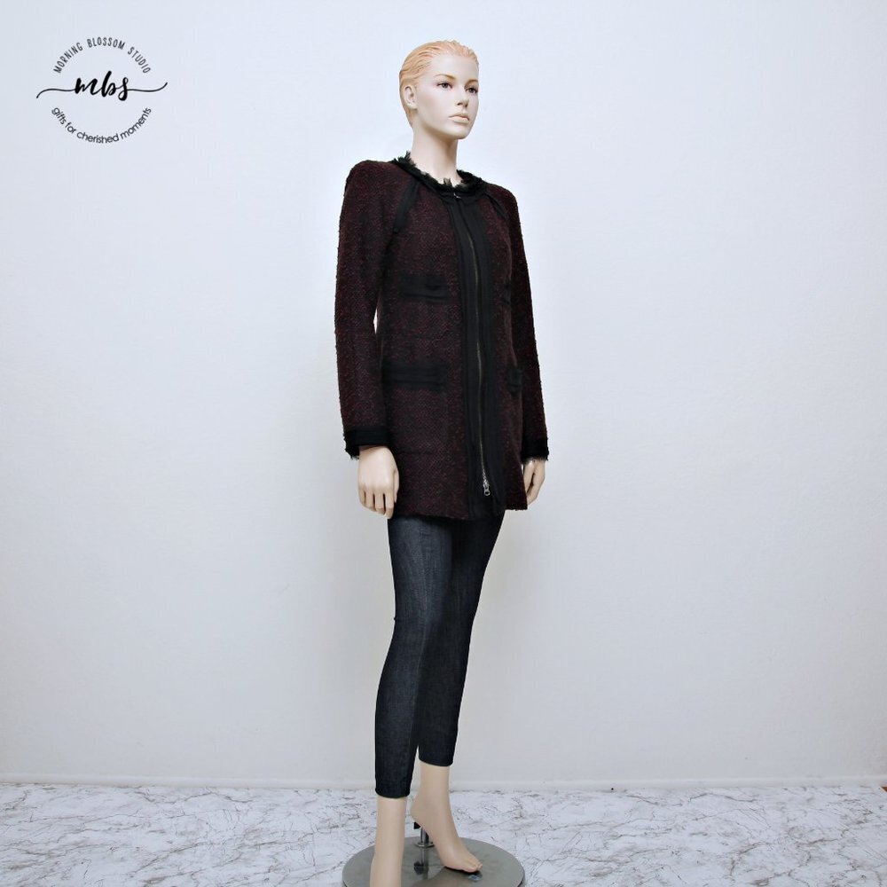 Nanette Lepore Speckled Tweed‎ Wool Blend Laced Trim Zip Up Coat Red Women 6
